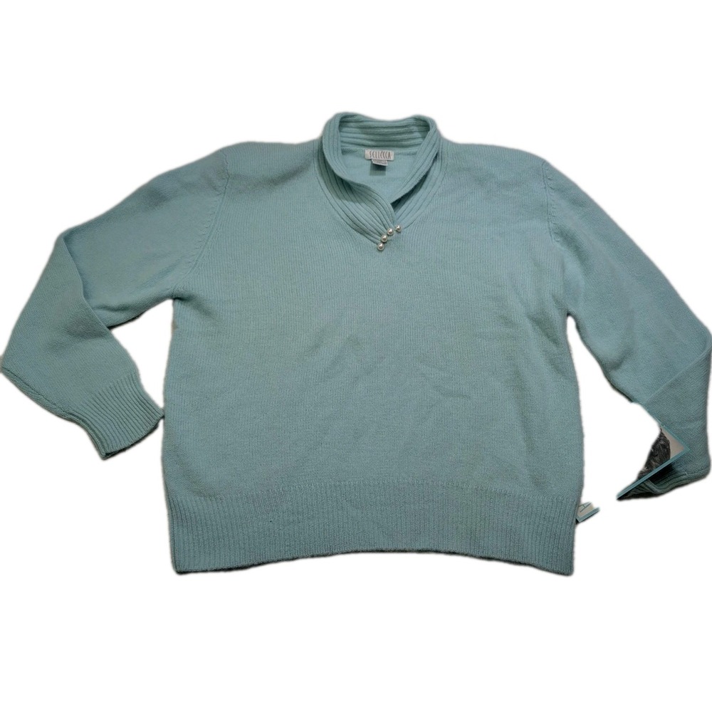 Sellecca Angora Lambswool Sweater Womens L Aqua Pearl Neck Soft Knit‎ NWT